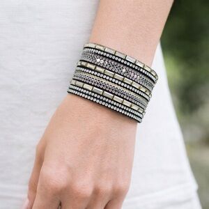 Blue Velvet Cuff Bracelet – Silver Beads & Rhinestone Crystal Embellishments
